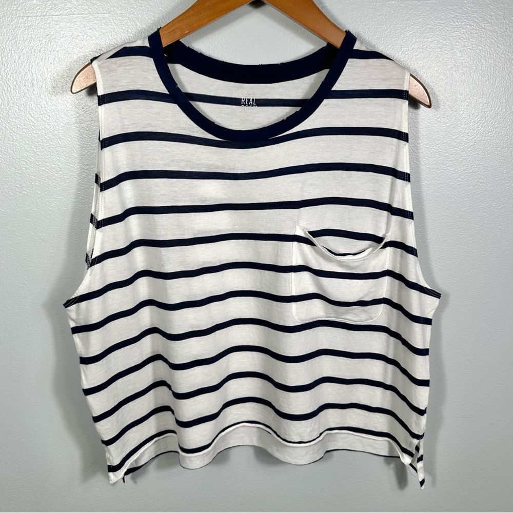 Aerie Real Soft Navy and White Striped Muscle Tee Size Small Casual Summer Beach